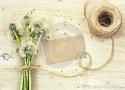 Bouquet of dandelions blowing, blank paper tag, coil of rope Stock Photo