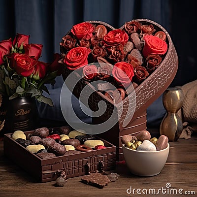 a bouquet of different flowers in a vase and chocolate gifts on the table Stock Photo