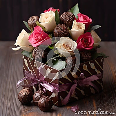 a bouquet of different roses in a box and chocolate gifts on the table Stock Photo