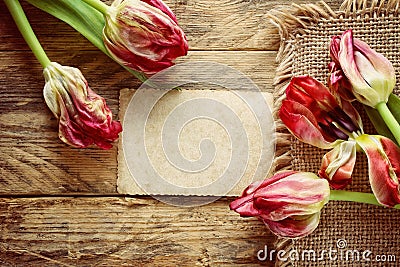 Bouquet dried tulips on wooden table Stock Photo