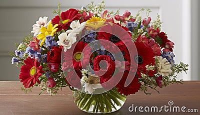 bouquet features a variety of colorful wildflowers including poppies, daisies, and cornflowers. Stock Photo
