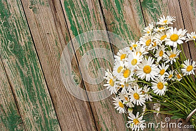 Bouquet field chamomile daisies flowers in door handle on old wooden background. Concept rustic romantic surprise. Copy space Stock Photo