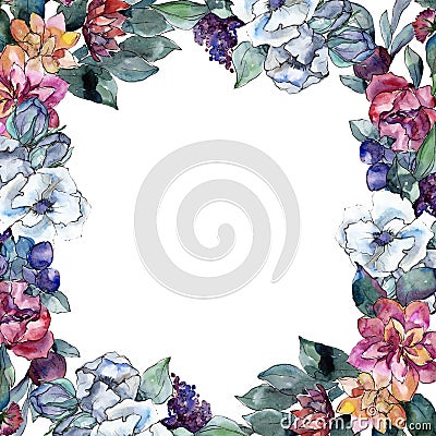 Bouquet floral flower. Watercolor background illustration set. Watercolour drawing. Frame border ornament square. Cartoon Illustration