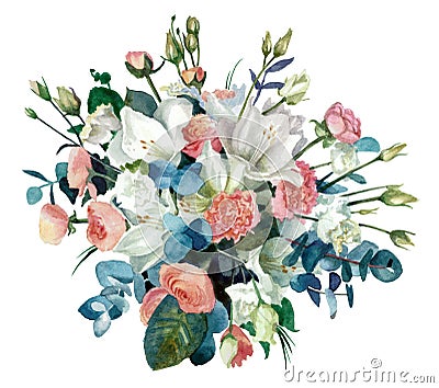 Bouquet of flowers with amaryllis, buttercups and eustoma cut out from the background. Watercolor painting. Pastel color Stock Photo