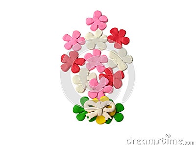 A bouquet flowers, beautiful floral plasticine, colorful clay, sweetie colored dough, Valentine day gift, white background Stock Photo