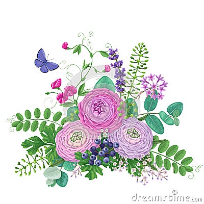 Bouquet of flowers and flying butterfly Vector Illustration