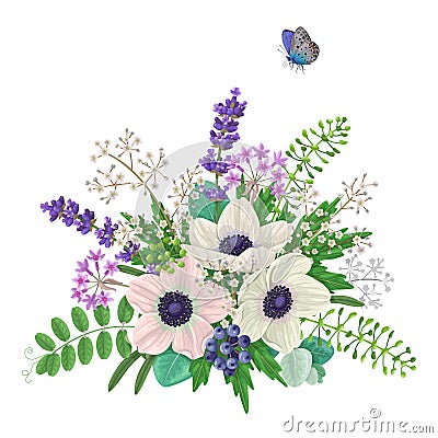 Bouquet of flowers and flying butterfly Vector Illustration