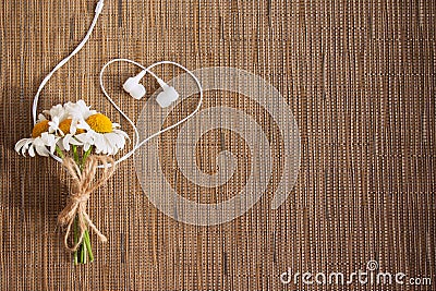 Bouquet of flowers and headphones in the form of a heart Stock Photo