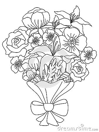 A bouquet of flowers for the holiday. Children coloring. Black lines, white background. Cartoon vector Vector Illustration