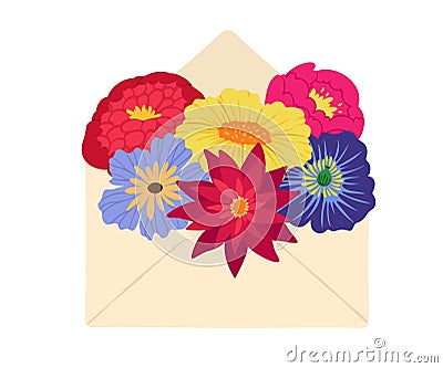 Bouquet of flowers in open envelope. Greeting card for valentines day birthday or mothers day Vector Illustration