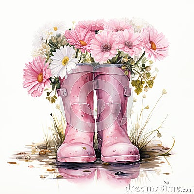 Bouquet of flowers in pink rubber boots. Watercolor illustration. Cartoon Illustration