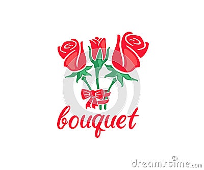 Bouquet of flowers with ribbon and bow, roses, blooming, flowering, logo design. Nature, plant, blossom, bloom, decorated bunch an Vector Illustration