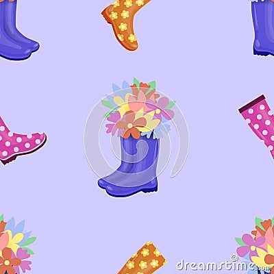 A bouquet of flowers in rubber boots. Seamless pattern. Vector Illustration