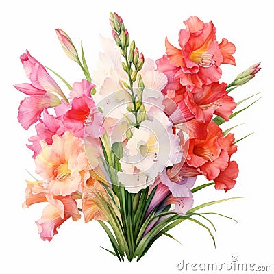 Colorful Gladiolus Bouquet: Detailed Watercolor In Naturalistic Botanical Art Style Stock Photo