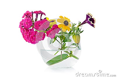 Bouquet fresh flowers in glass vase isolated on white. Stock Photo