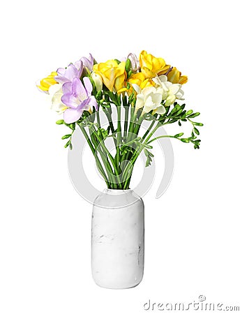 Bouquet of fresh freesia flowers in vase on white Stock Photo