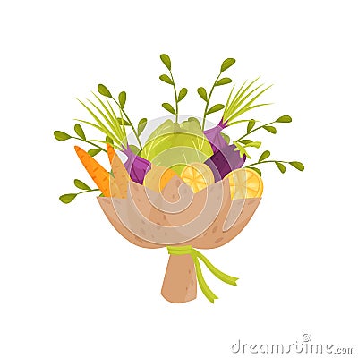 Bouquet of fresh vegetables, ripe carrot, cabbage, onion bulbs and lemon wrapped in paper. Flat vector icon Vector Illustration
