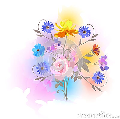 Bouquet of garden flowers against rainbow spots. Watercolor imitation Stock Photo