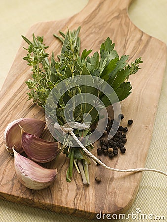 Bouquet Garni Garlic Cloves and Peppercorns Stock Photo