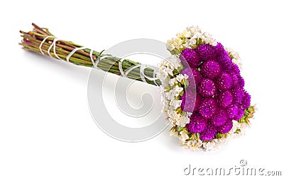 Bouquet with Gomphrena and statice isolated on white Stock Photo