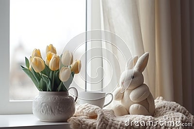 Bouquet of graceful yellow tulips in white vase. Generate ai Stock Photo