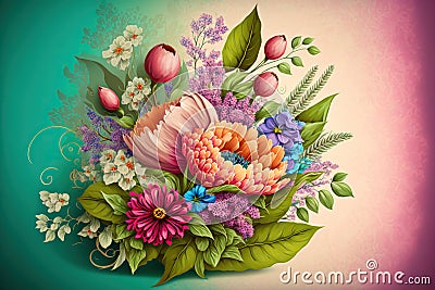 A bouquet of hand-drawn delicate pastel flowers with green leaves. Light floral still life, in the style of a vintage illustrated Stock Photo