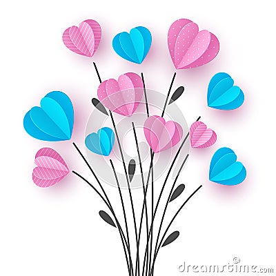 Bouquet with branch and pink and blue hearts. Vector Illustration