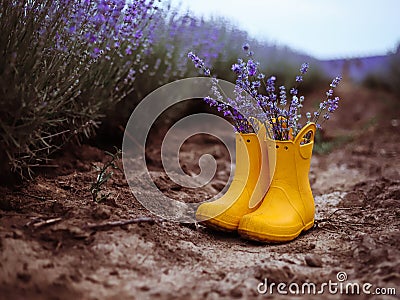 A bouquet of lavender in yellow rubber boots stand in a field of lavender Stock Photo