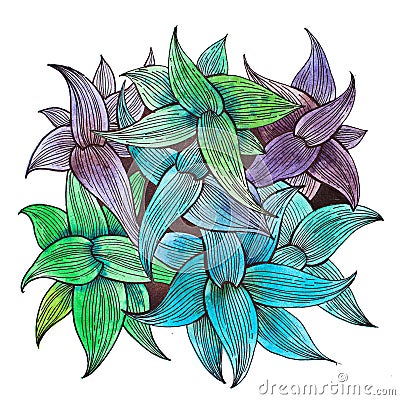 Bouquet of leaves painted with related pastel green, blue and purple colors. Top view of wild plant hand-drawn with Stock Photo