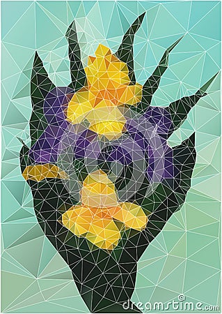 Bouquet of lilac and yellow irises with green leaves on a blue background. Polygonal drawing, stained glass Stock Photo
