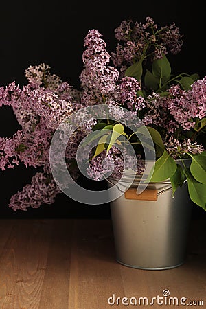A bouquet of lilacs in a bucket on a wooden table. Spring. Still life in a low key. Stock Photo