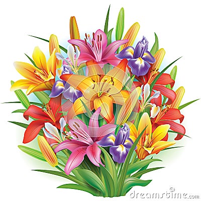 Bouquet of lilies and irises Stock Photo