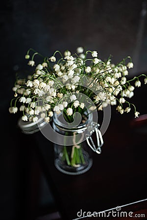 Bouquet of lilies of the valley, dark background Stock Photo
