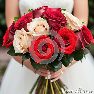 A bouquet of multi-colored roses in the hands of the bride Stock Photo