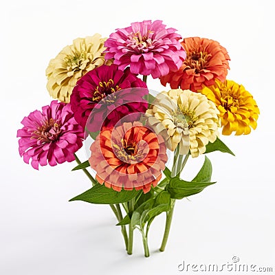 Colorful Zinnias Bouquet On White Background - Realist Lifelike Accuracy Stock Photo