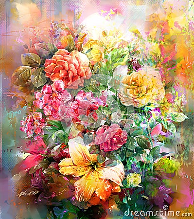 Bouquet of multicolored flowers watercolor painting style Cartoon Illustration