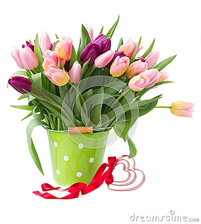 Bouquet of multicolored tulip flowers in white Stock Photo