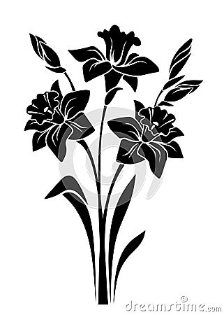 Bouquet of narcissus flowers. Vector black silhouette. Vector Illustration