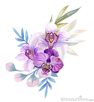 a modest bouquet of small pink watercolor orchids with tropical leaves, Stock Photo