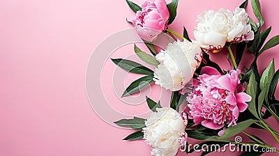 a bouquet of peonies on a pink background, presenting the perfect concept for Mother's Day, Valentine's Day, and Stock Photo