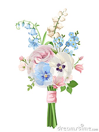 Bouquet of pink, blue and white flowers. Vector illustration. Vector Illustration