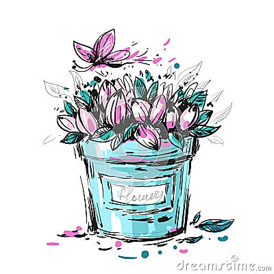 A bouquet of pink flowers with butterfly Vector Illustration