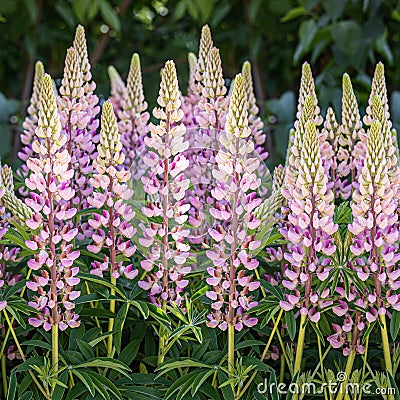 Bouquet of pink lupine flowers is on a green leaves background. Seamless bordure Stock Photo