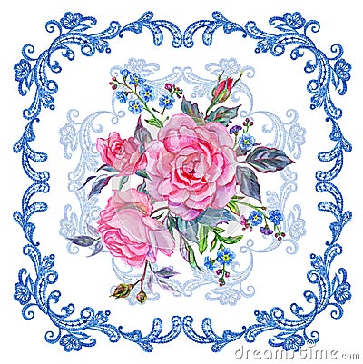 Bouquet of pink roses and forget-me-nots in a lace frame Stock Photo
