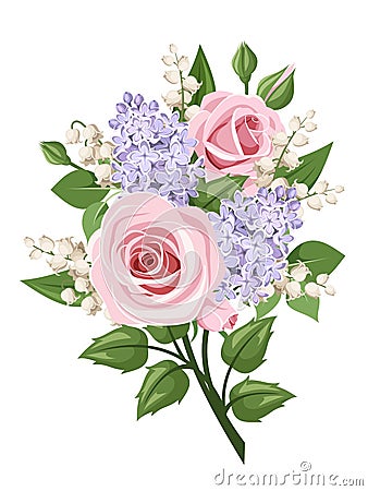 Bouquet with pink roses, lily of the valley and lilac flowers. Vector illustration. Vector Illustration