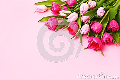 Bouquet of pink tulips on pink background. Mothers day, Valentines Day, Birthday celebration concept. Greeting card. Copy space, Stock Photo