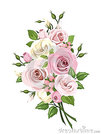 Bouquet of pink and white roses and lisianthus flowers. Vector illustration. Vector Illustration