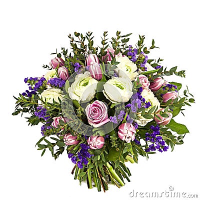 Bouquet of pink, white and violet flowers isolated on white Stock Photo