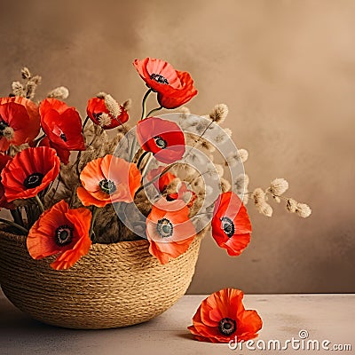 Bouquet of poppies in bascet Stock Photo