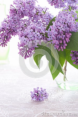 Bouquet or purple lilac is standing in green glass vase and small inflorescence is lying on flax tablecloth. Stock Photo